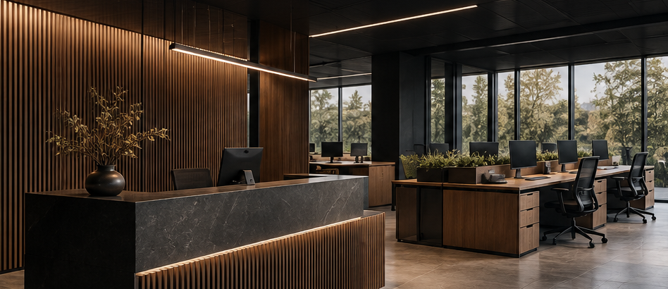 Recepción corporativa con panelado de madera y mostrador de piedra, y estaciones de trabajo junto a ventanales; imagen conceptual generada.